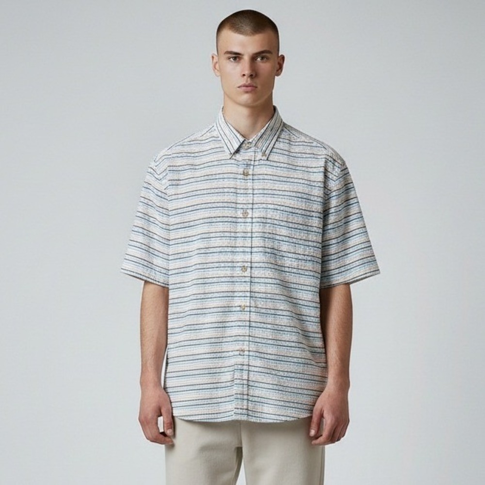 ROWM Shirt Men Large Blue Seersucker Striped Short Sleeve Button Down Cotton‎